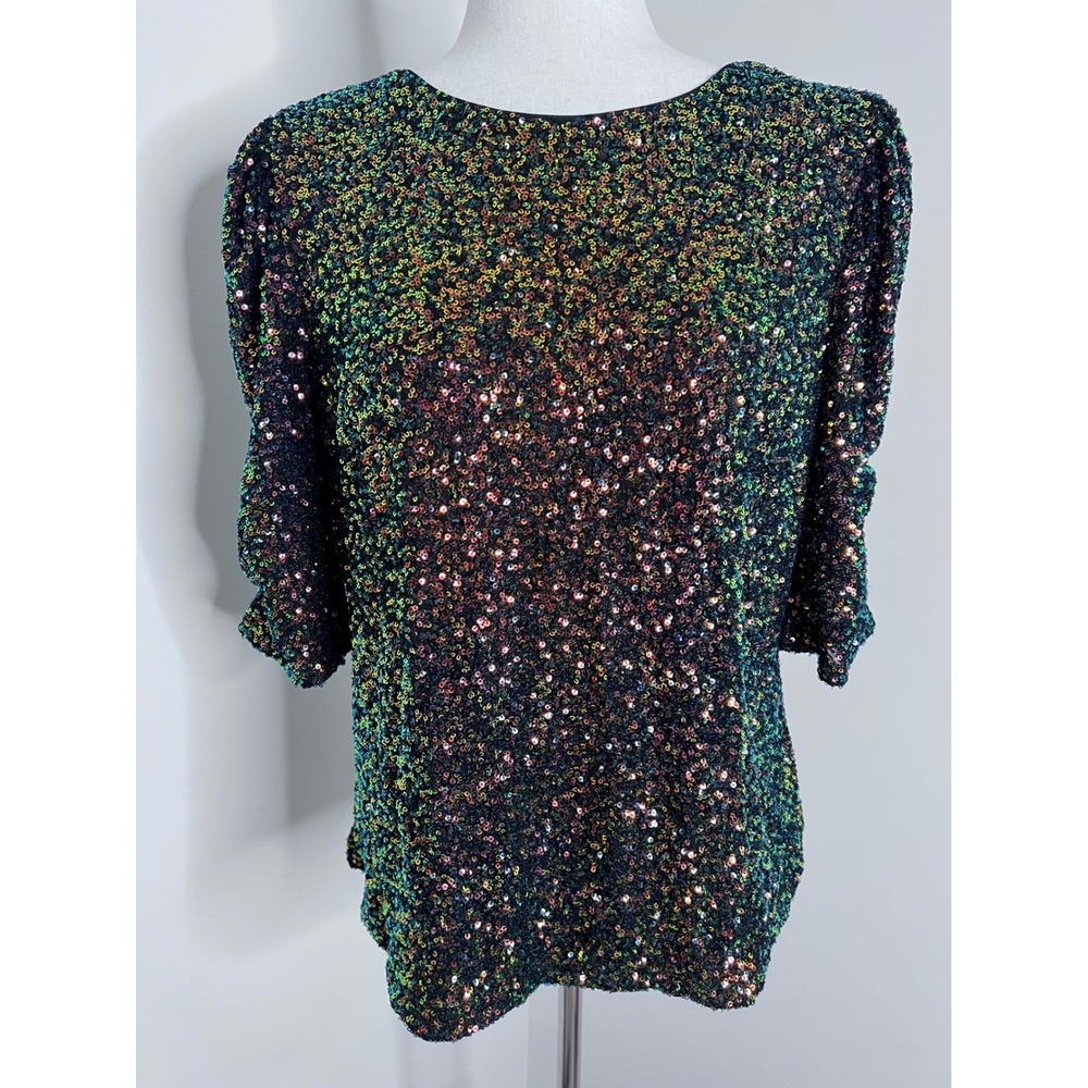 Sugarlips Iridescent Sequin Blouse Puff Sleeve Disco Glam Whimsigoth Party Top